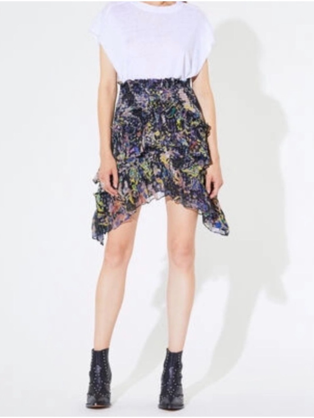 Iro Multicolor Floral Ruffle Mini Skirt with elastic waist, size 36 (US 4)